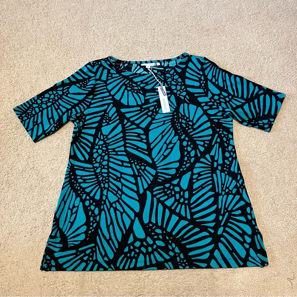 Chico's Tops - Chico's Travelers short-sleeve crewneck Green/Black pattern slinky Top Sz XL NWT